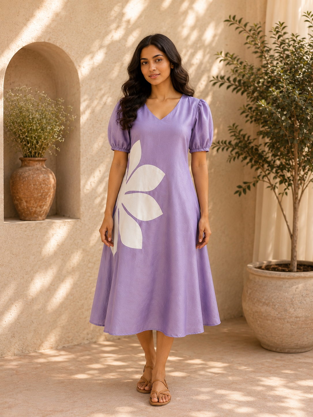 Purple White Flower Detailing Dress
